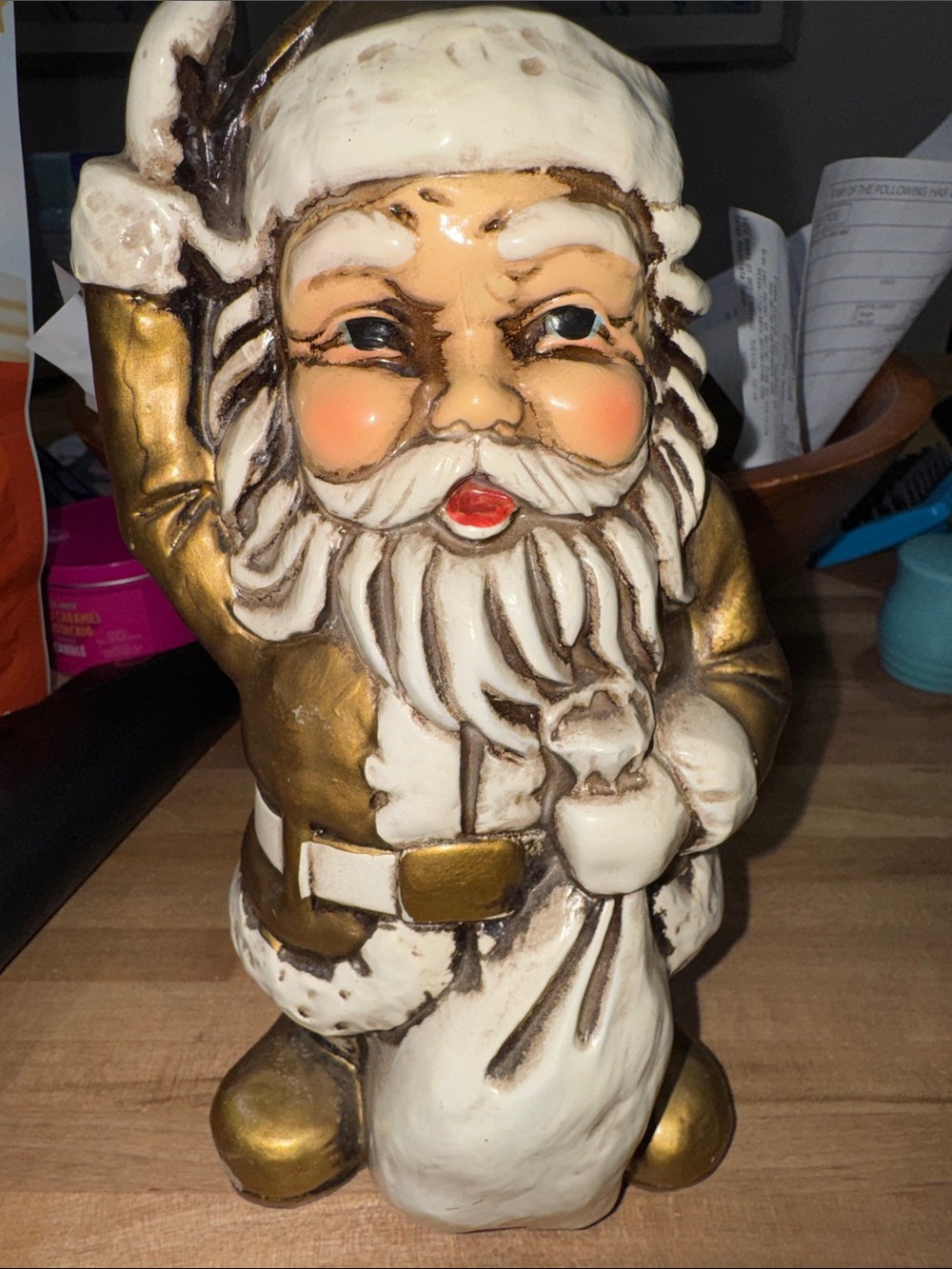 Vintage 1970s Gold & White Santa Bank Holiday Decor